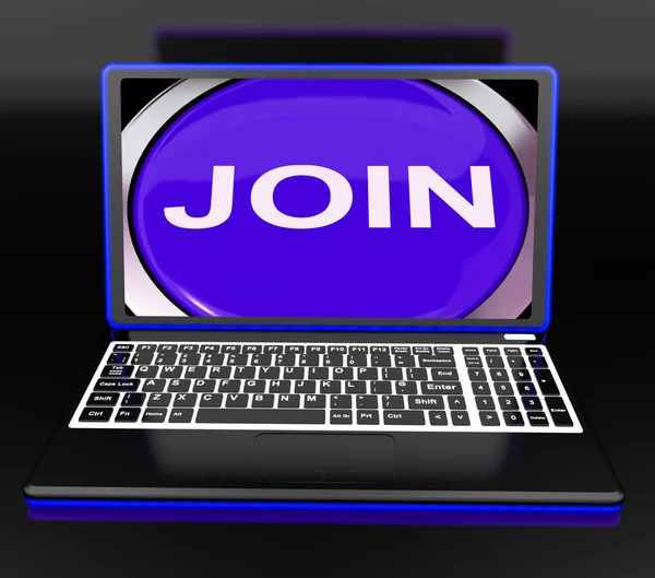 Join op laptop toont geregistreerde lidmaatschap of vrijwilliger online — Stockfoto