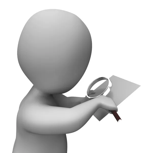 Looking Magnifier Document Character Shows Investigation Investi — Stock Photo, Image