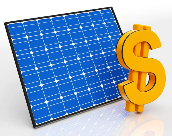 Солнечная панель и знак доллара показывают экономию денег — стоковое фото