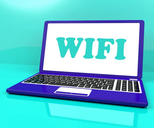 El ordenador portátil Wifi muestra el acceso o la conexión Wi-Fi Hotspot —  Fotos de Stock
