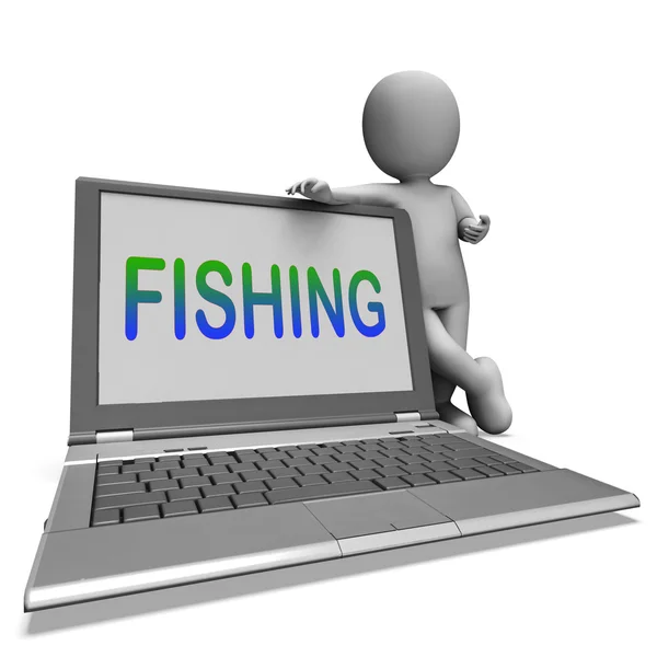 Laptop de pesca significa esporte on-line de captura de peixes — Fotografia de Stock