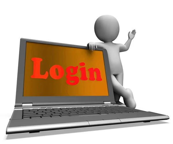 Login Laptop Personagem Mostra Website Log In Segurança — Fotografia de Stock