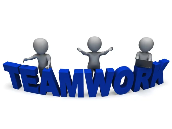 Teamwork Shows 3d Characters Working Together — Stock Photo, Image