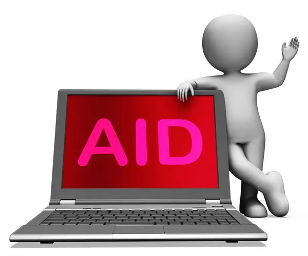 Aid And Character Laptop Shows Assisting Aiding Helping Or Relie — Stock Photo, Image