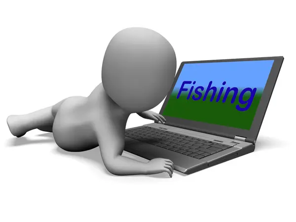 Karakter laptop balıkçılık spor web üzerinde balık yakalama anlamına gelir. — Stok fotoğraf