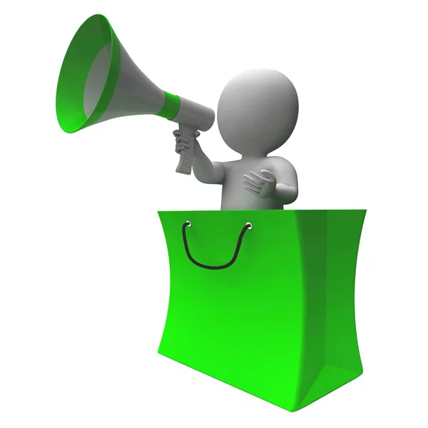 Loud Hailer Shopping Character Shows Sales Or Discounts — Stock Photo, Image
