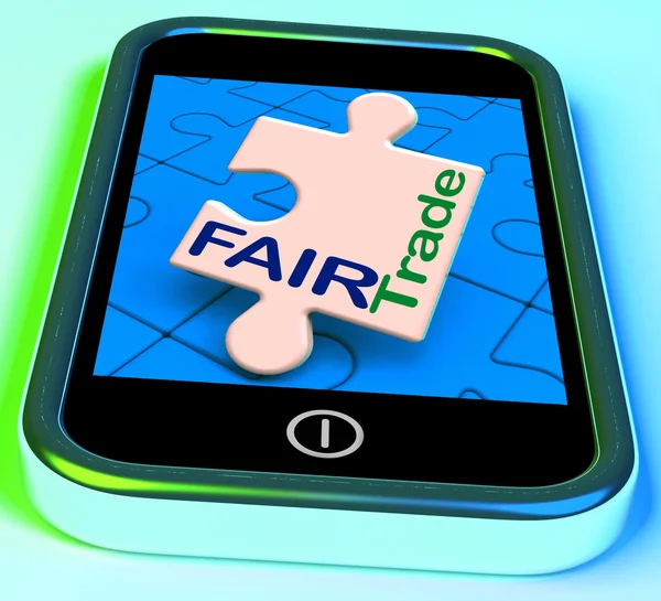 Fairtrade On Phone Shows Fair Trade Product Or Products — Stock Photo, Image