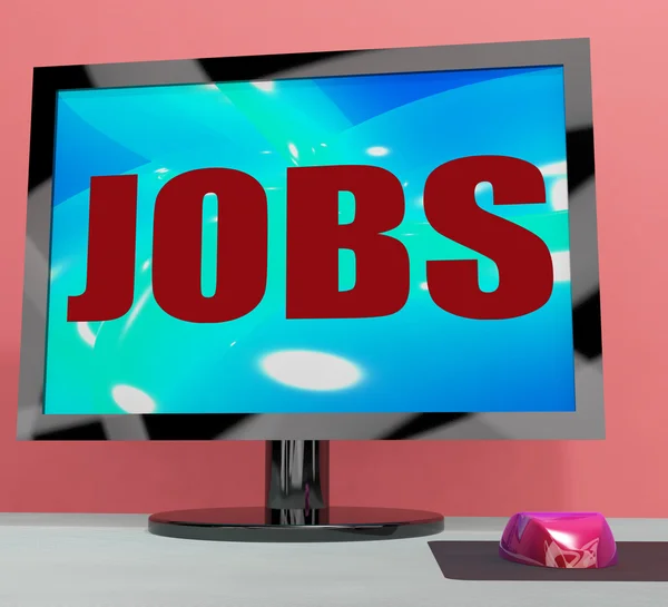 Jobs On Monitor Shows Employment Or Hiring Online — Stock Photo, Image