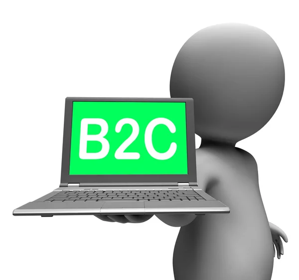 B2C laptop karaktär visar detaljhandeln till kund eller industrikon — Stockfoto