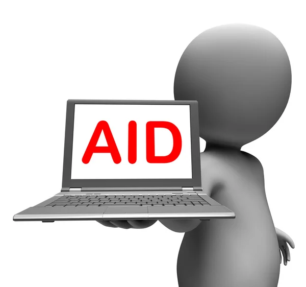 Aid Character Laptop Shows Assistance Aiding Helping Or Relief — Stock Photo, Image