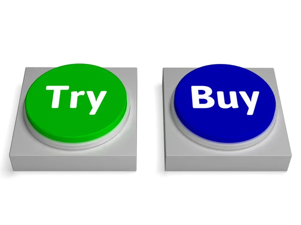 Попробуйте купить кнопки показывает пытается или покупает — стоковое фото