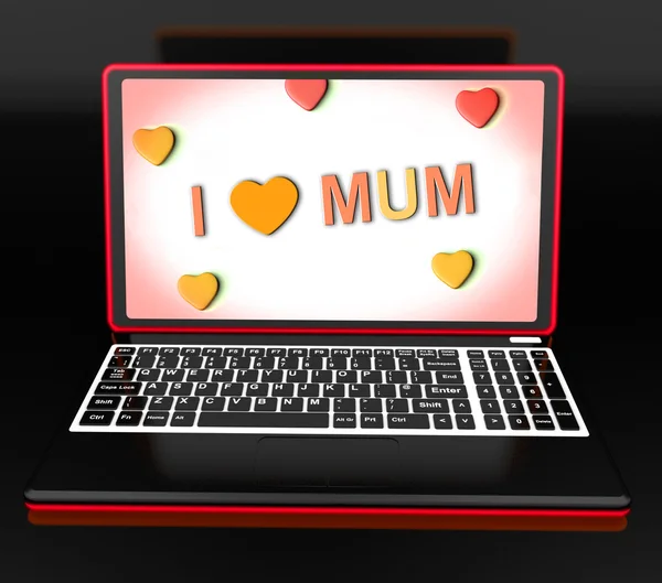 Me encanta mamá en el ordenador portátil muestra el saludo del día de las madres — Foto de Stock