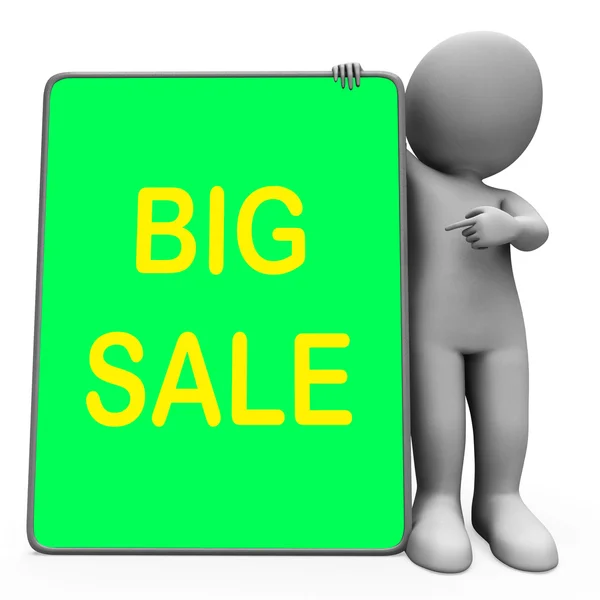 Big Sale Tablet Character Shows Promotional Savings Or Discounts — Stock Photo, Image