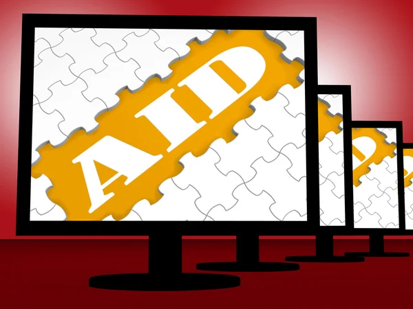 Aid On Monitor Shows Aiding Helping Or Treatment — Stock Photo, Image