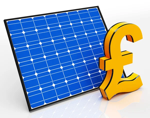 Солнечная панель и знак фунта показывает экономию денег — стоковое фото