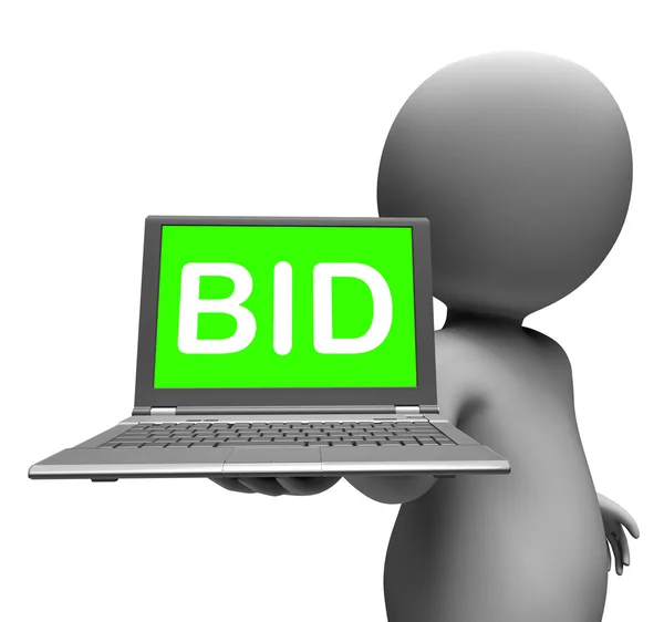 Bid Laptop Character Shows Bids Bidding Or Auction Online — Stock Photo, Image