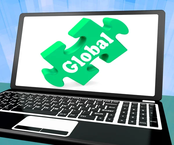 Globální laptop ukazuje spojení po celém světě mezinárodní globalizace — Stock fotografie