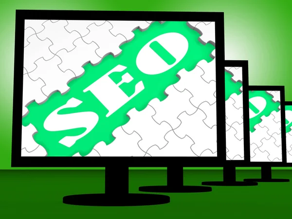 Seo On Monitors Shows Websites Search Engine Optimization Online — Stock Photo, Image