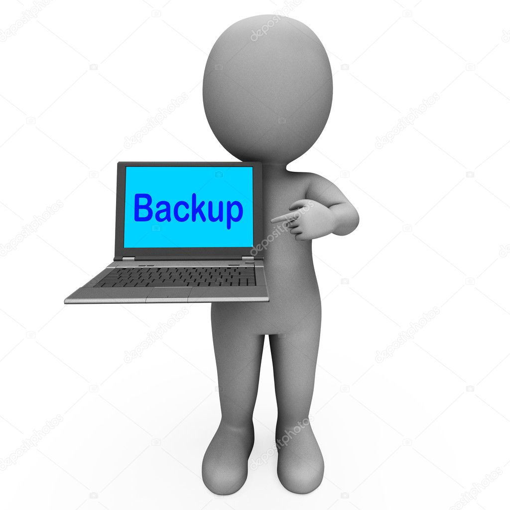 Backup Laptop And Character Shows Archiving Back Up And Storing