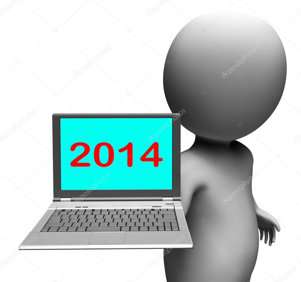 Two Thousand And Fourteen Character And Laptop Shows New Year 20