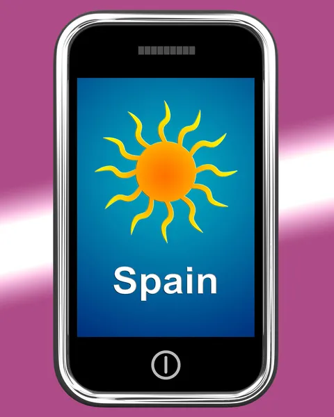 Spain On Phone Means Holidays And Sunny Weather — Stock Photo, Image