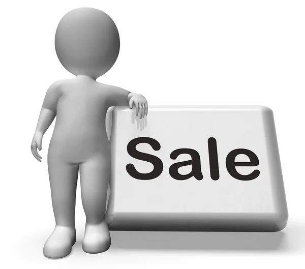 Sales Button With Character Shows Promotions And Deals — Stock Photo, Image