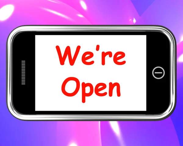 We're Open On Phone Shows New Store Launch — Stock Photo, Image