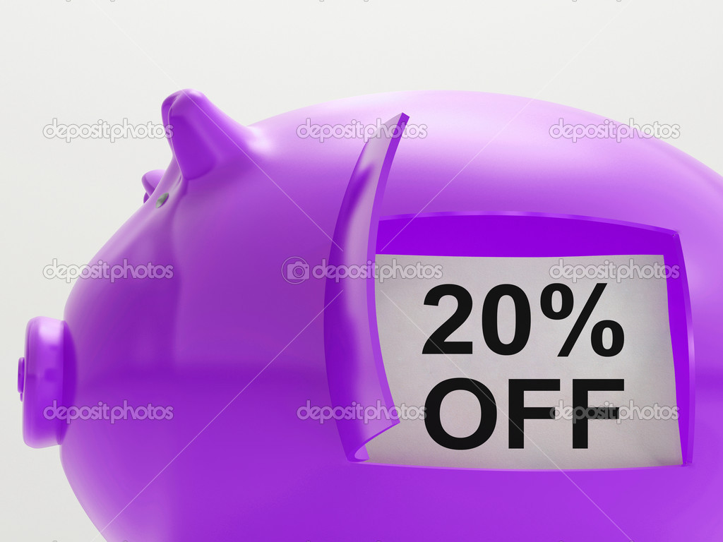Twenty Percent Off Piggy Bank Shows 20 Discount
