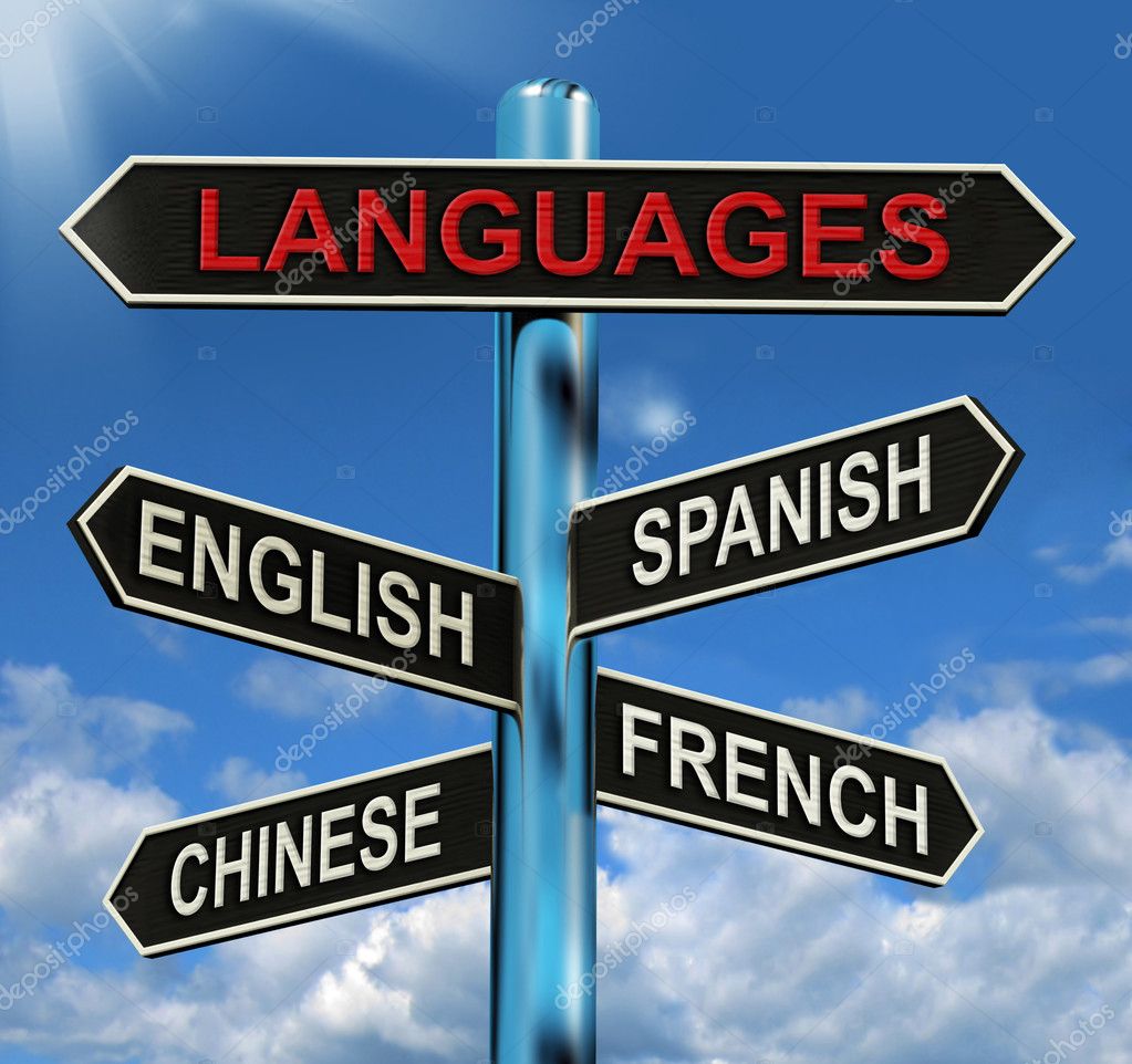 Idiomas Signpost Significa Inglés Chino Español Y Francés fotografía