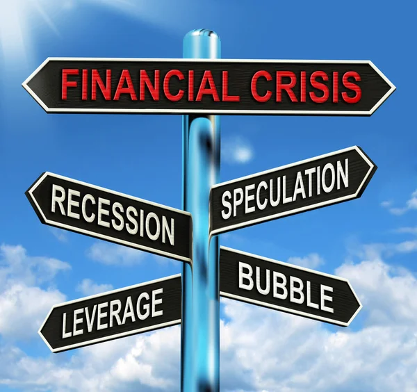 Financial Crisis Signpost Shows Recession Speculation Leverage A — Stock Photo, Image