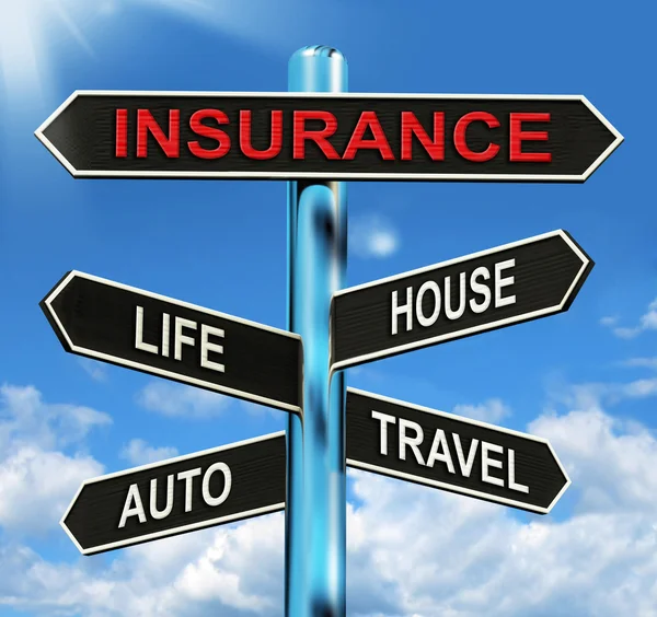 保险路标意味着生命的房子汽车和旅行 — 图库照片