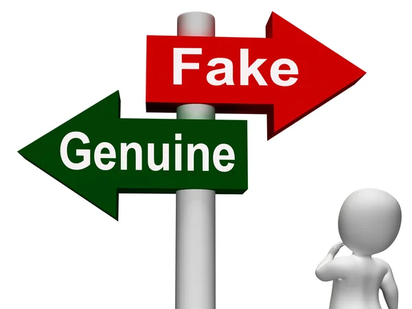 Segnaletica genuina falsa significa prodotto autentico o falso — Foto Stock