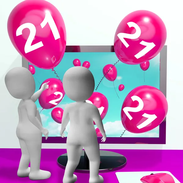 Number 21 Balloons from Monitor Show Online Invitation or Celebr — Stock Photo, Image