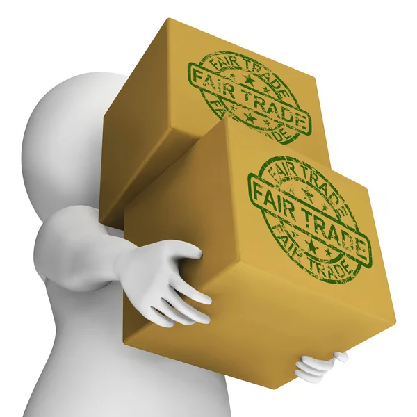 Rättvis handel lådor menar rättvisemärkt varor och produkter — Stockfoto