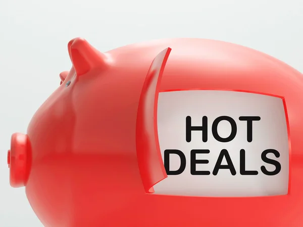 Hot Deals Piggy Bank mostra produtos baratos e de qualidade — Fotografia de Stock