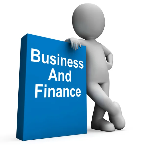 Character With Business And Finance Book Shows Businesses Financ — Stock Photo, Image
