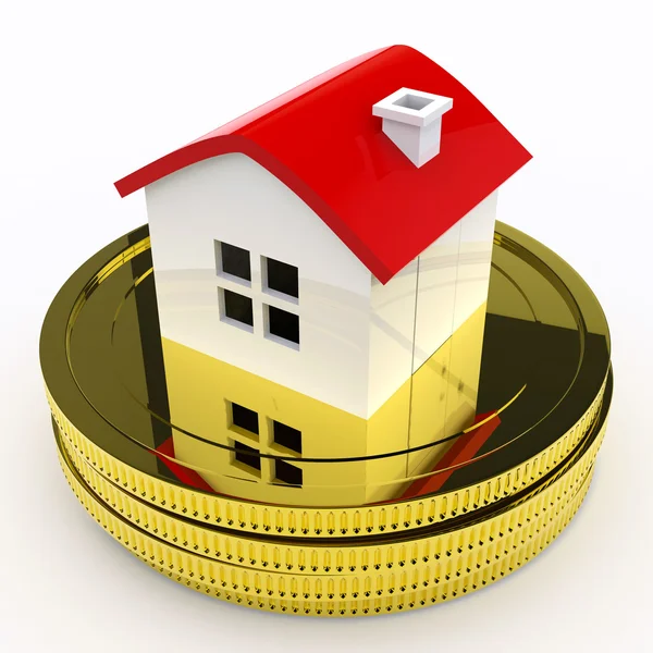 Haus auf Geld bedeutet Kauf oder Verkauf von Immobilien — Stockfoto