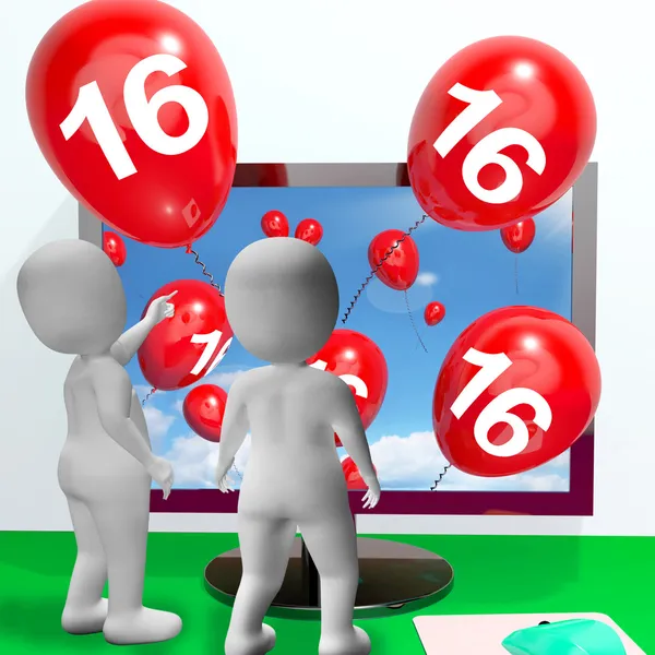 Number 16 Balloons from Monitor Show Online Invitation or Celebr — Stock Photo, Image