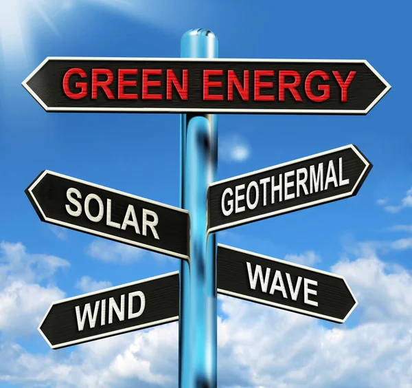 Green Energy Signpost Means Solar Wind Geothermal And Wave — Stock Photo, Image