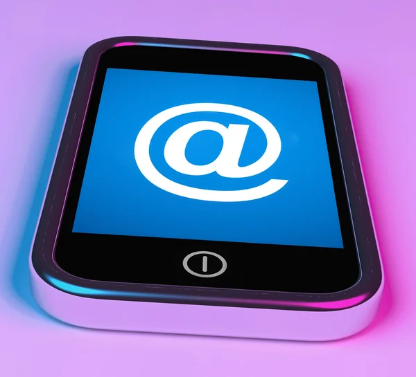 At Symbol On Phone Shows at-Sign Email — Stock Photo, Image