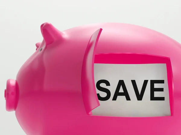 Salvați Piggy Bank afișează economii pe produse — Fotografie, imagine de stoc