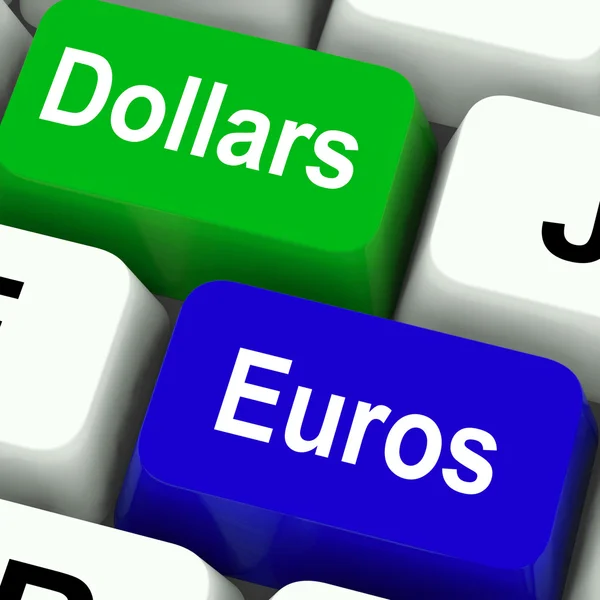 Dollar And Euros Keys Mean Foreign Currency Exchange Online — Stock Photo, Image