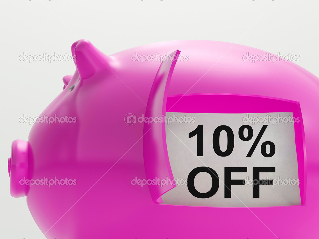 Ten Percent Off Piggy Bank Shows 10 Savings