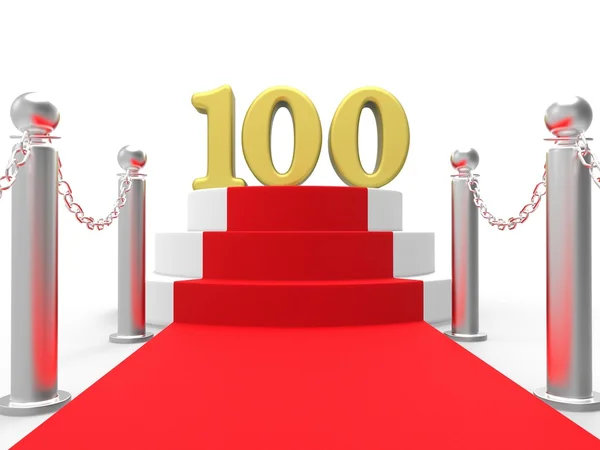 Golden One Hundred On Red Carpet Means Movie Industry Anniversar — Stock Photo, Image