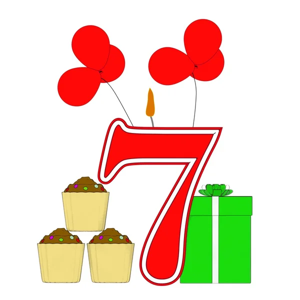 Number Seven Candle Shows Cupcakes Balloons And Presents — Stock Photo, Image