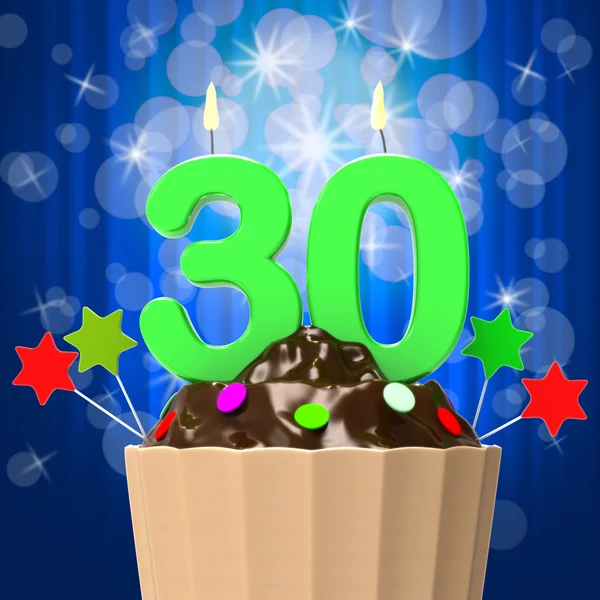 Dreißig Kerze auf Cupcake zeigt süße Feier oder Ereignis — Stockfoto