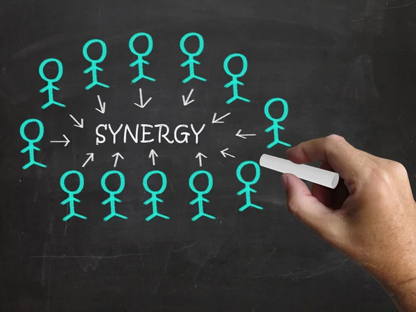 Synergie sur tableau noir signifie travail d'équipe et partenariat — Photo