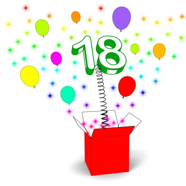 Number Eighteen Surprise Box Means Party Decorations And Sparkli — Stock Photo, Image