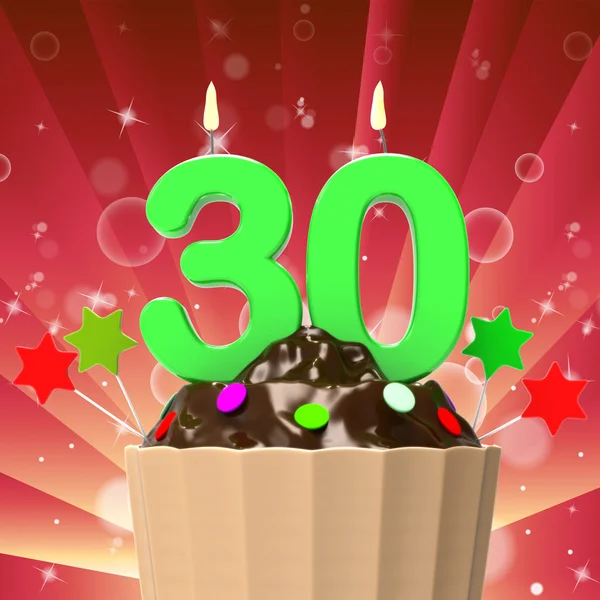Dertig kaars op cupcake betekent kleurrijke partij of versierd taart — Stockfoto