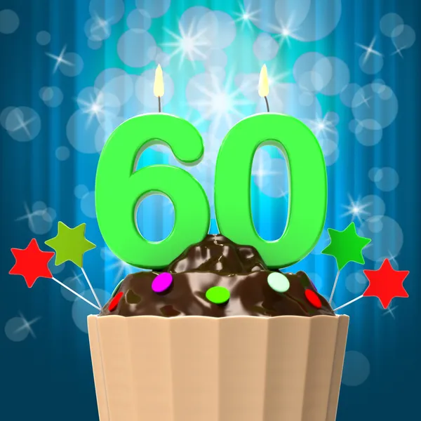 Sixty Candle On Cupcake Means Sixtieth Birthday Anniversary — Stock Photo, Image